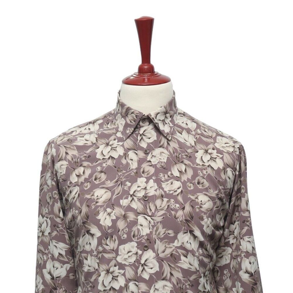Mens Silky Shirt Button Up Floral Lavender Beige Casual Hawaiian Beach Medium - Picture 3 of 6